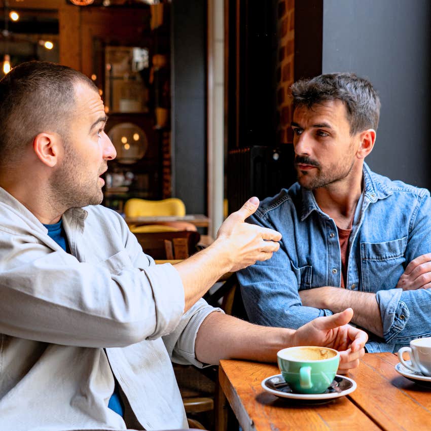 fake man telling friend during small talk you can trust me