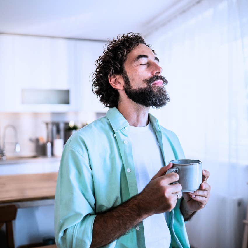 pensive resilient man feeling comfortable in his body 