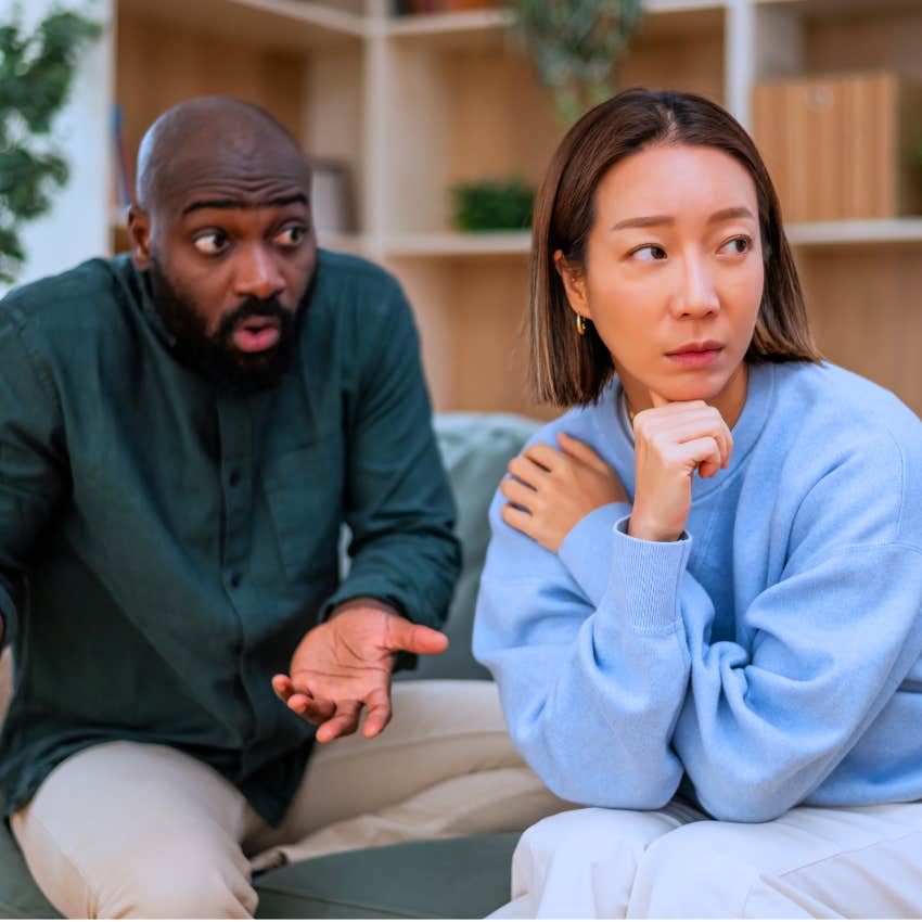 Lonely man asking "Are you even listening?" to his partner at home.