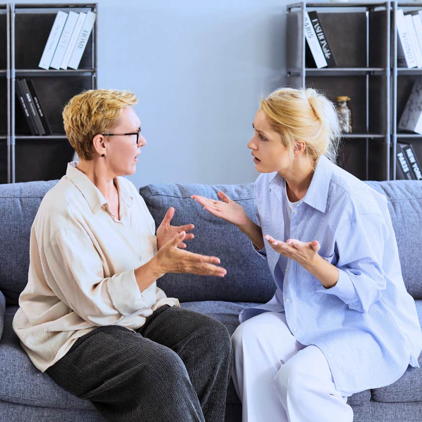 Entitled woman saying "you're being so selfish" to her parent.