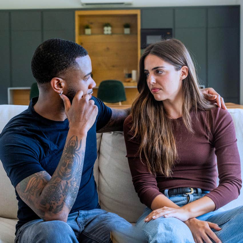 woman lacking an emotional backbone saying I'm not mad to her partner