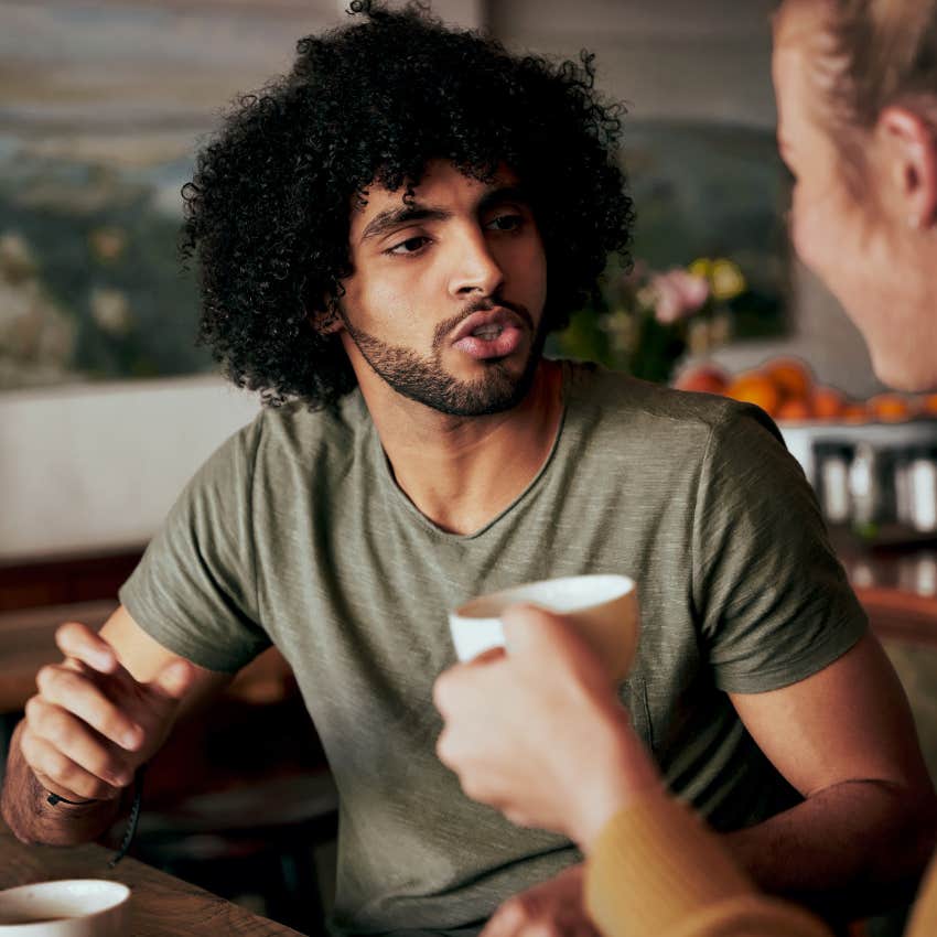 immature man shifting blame to friend telling her you're attacking me