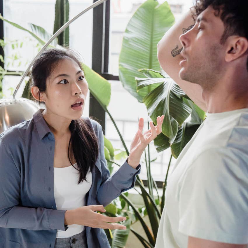 low emotional IQ woman telling upset partner that's not what happened