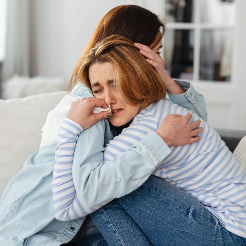sad unhappy woman crying to friend saying i don't know who i am anymore