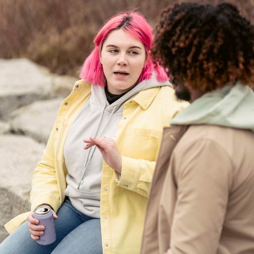 woman with a backbone assertive telling friend in conversation please don't interrupt me