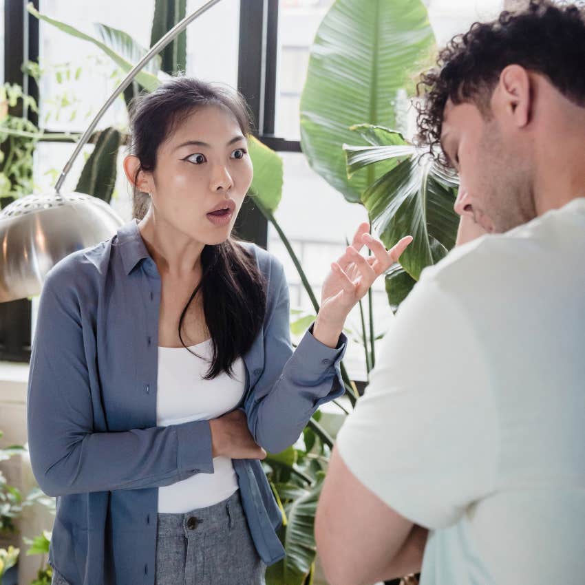 shocked woman telling average man it's beyond comprehension