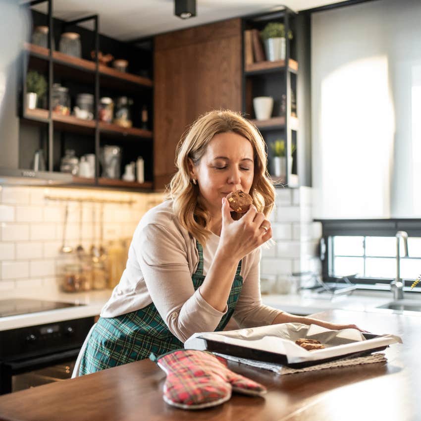 woman who struggles to turn her brain off relaxes while baking