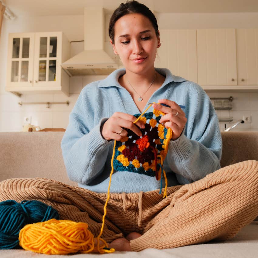 woman who struggles to turn her brain off relaxes while crocheting