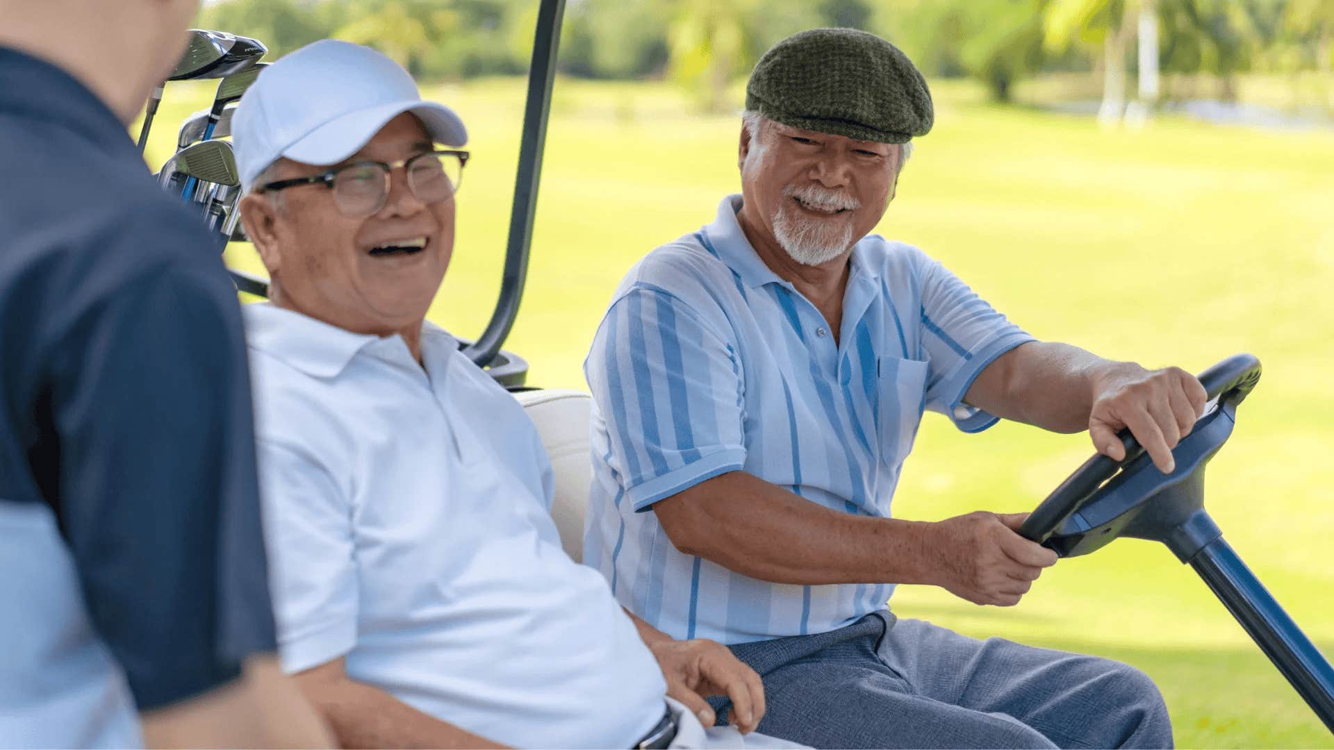 boomer man in a golf cart at a country club
