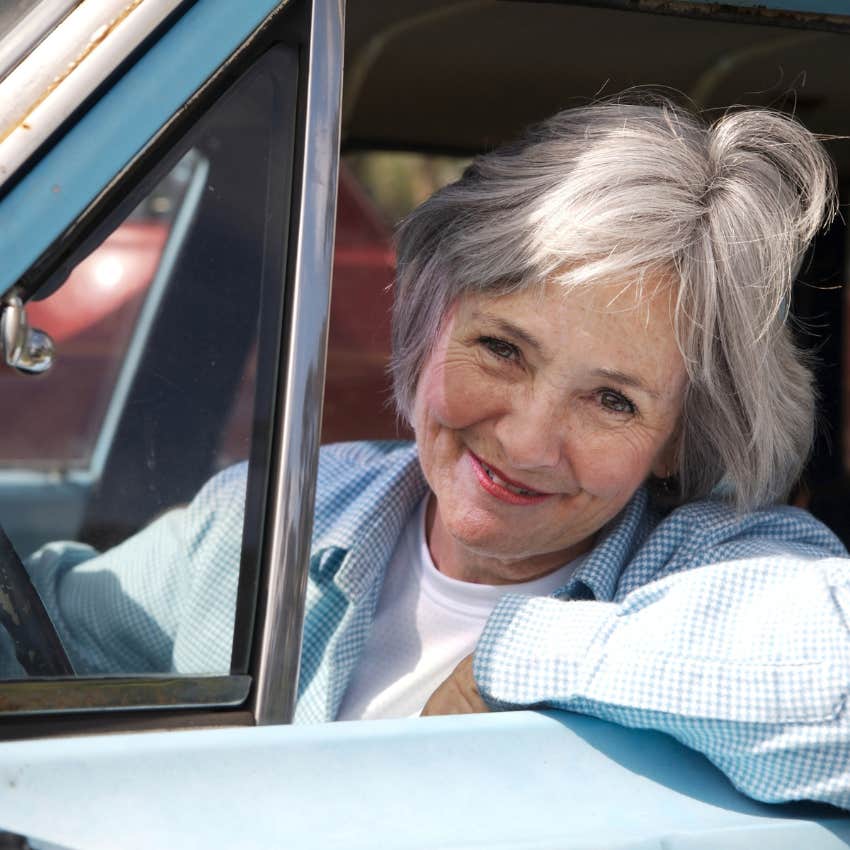 boomer woman driving her old paid-off truck instead of spending money on a new car