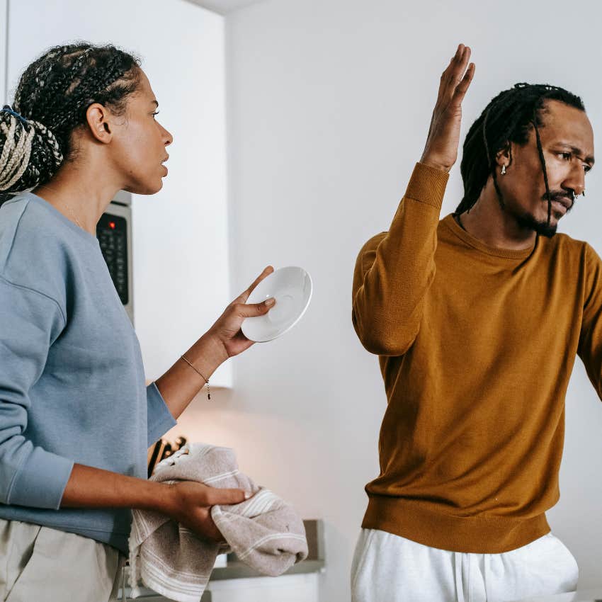 man trying to convince woman she can't complain when he's providing for her