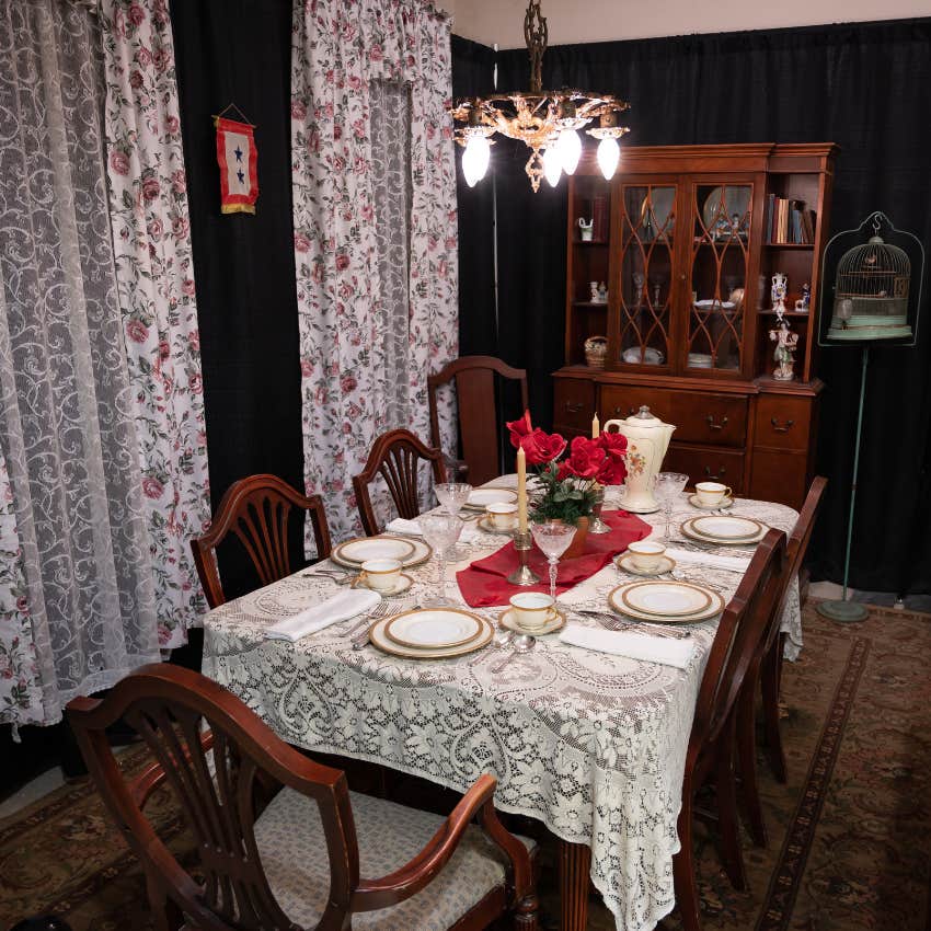 formal dining room from the 70s or 80s that feels rich today