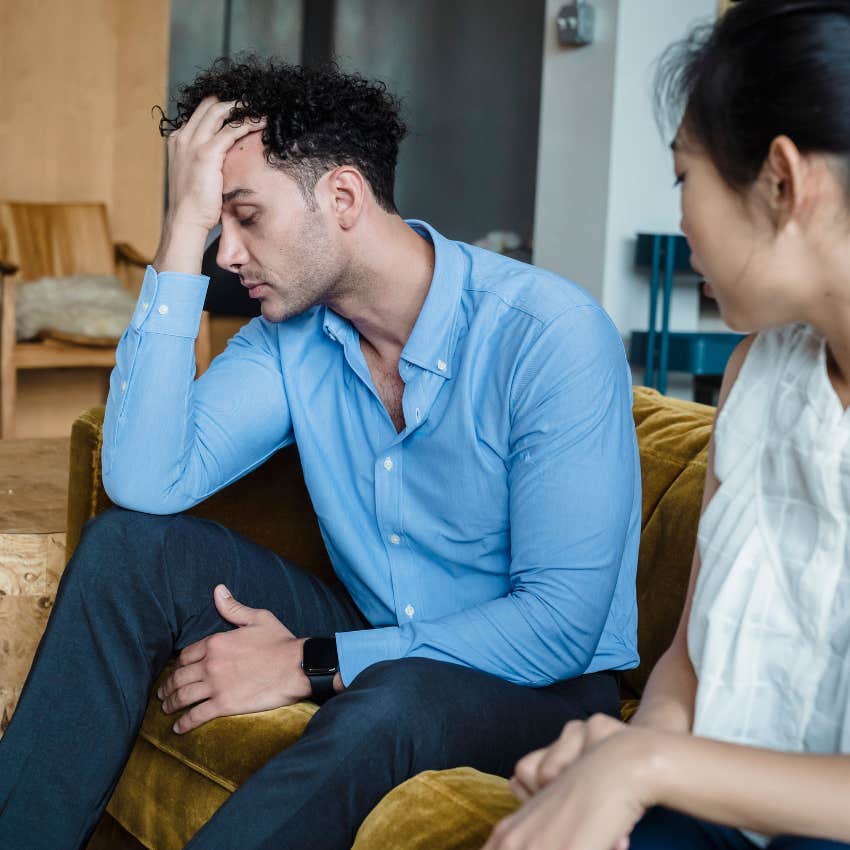 unhappy man complaining to partner about how sad he is