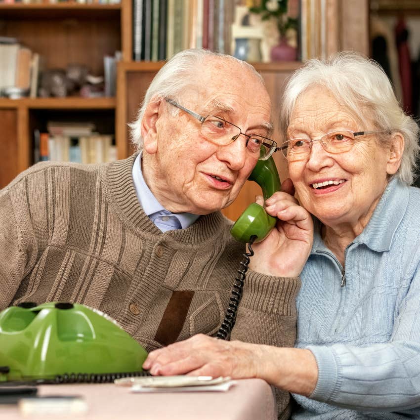 older couple who grew up pinching pennies using rotary phone