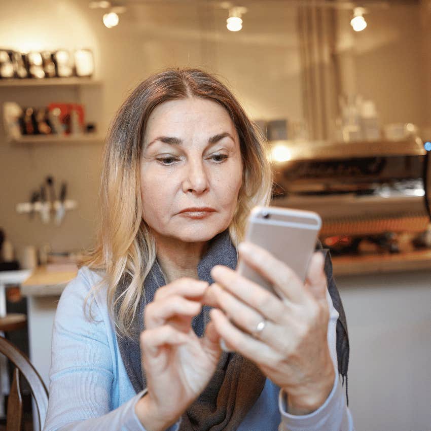 woman over 45 needing glasses better light or sometimes her phone camera just to read tiny print