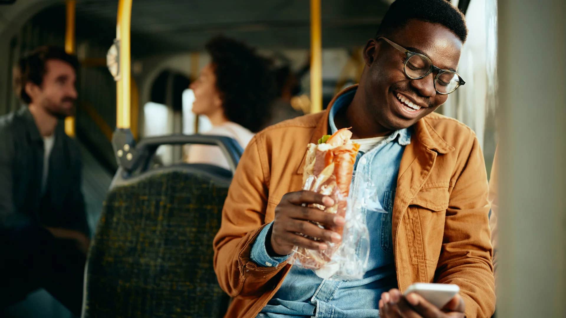 happy man reading message from woman saying i always look forward to our time together
