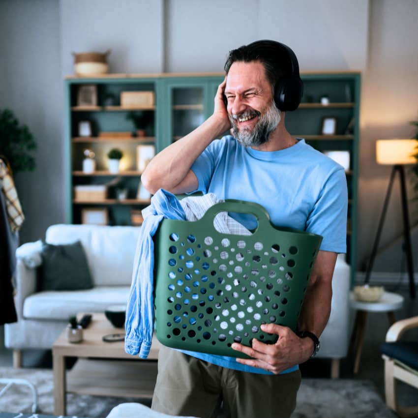 wealthy man making chores into self-care at home