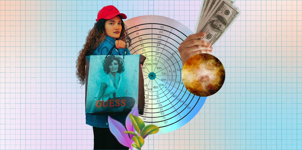 What To Expect During 2nd House Profection Years woman with shopping bag, venus and hand holding money
