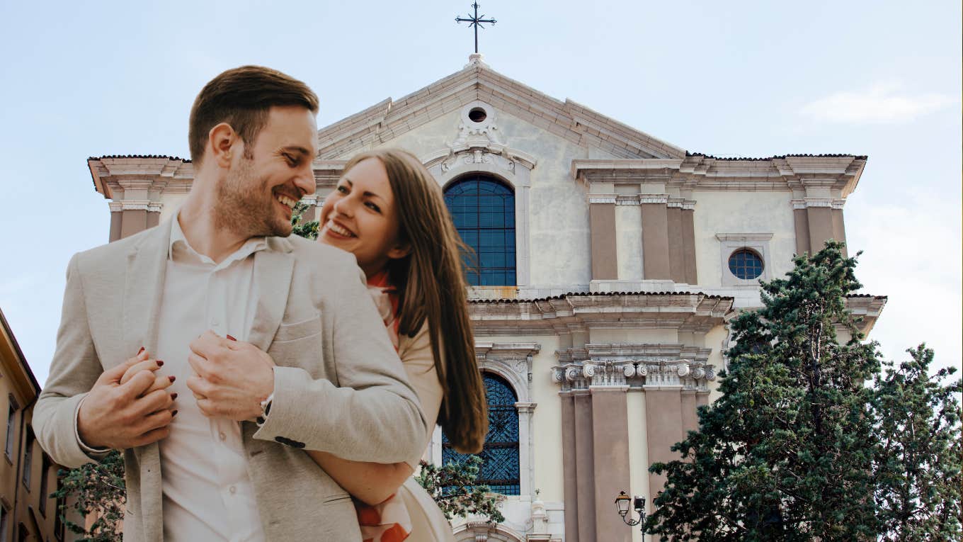 Couple in front of church 
