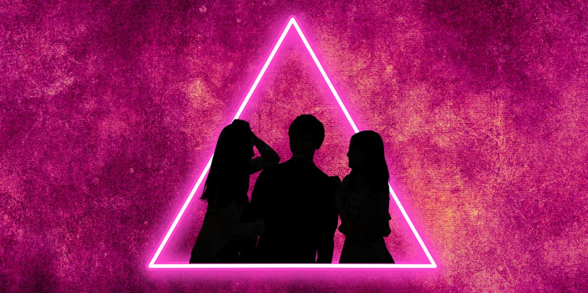 pink triangle with silhouette of three people in relationship