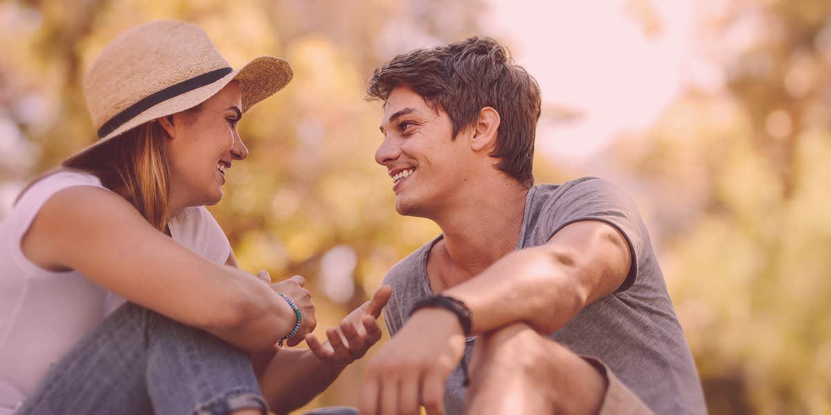 couple looking at one another happily