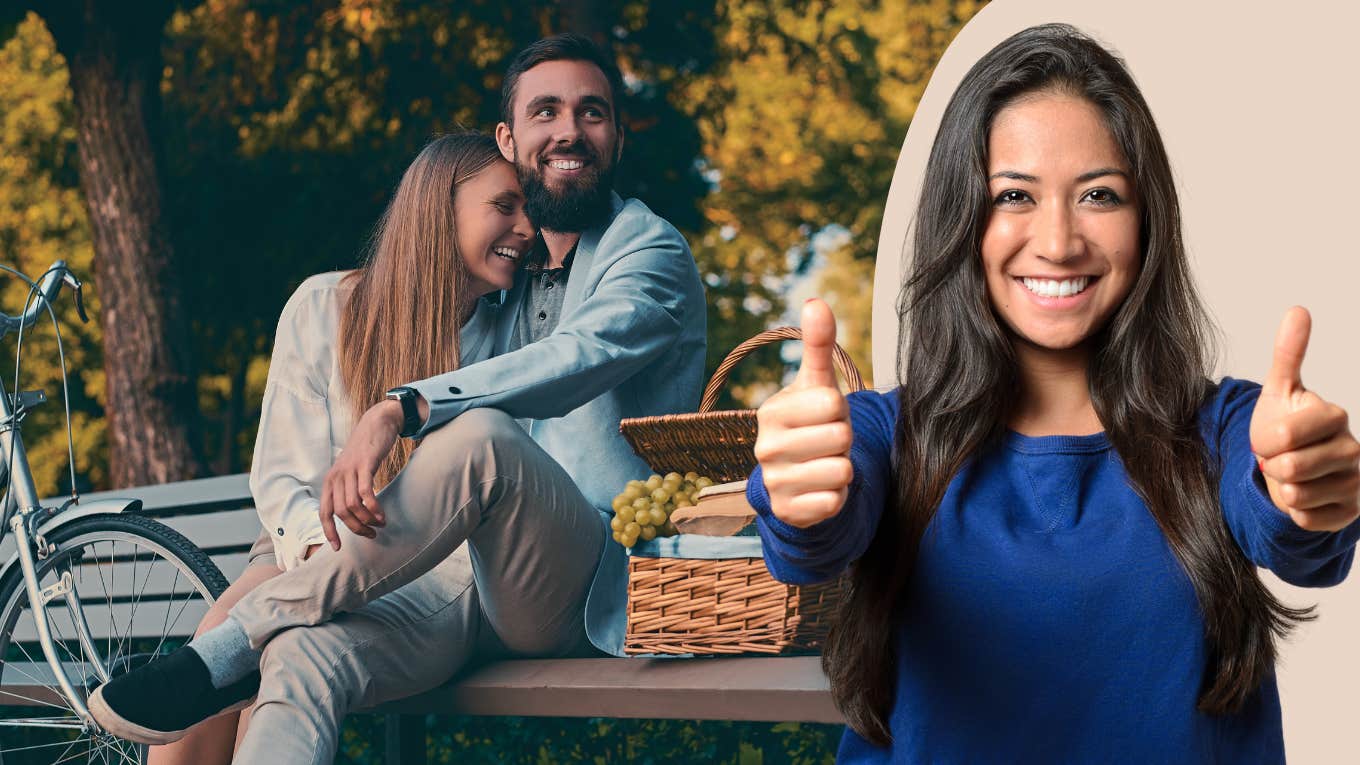 Couple on date and woman with thumbs up 