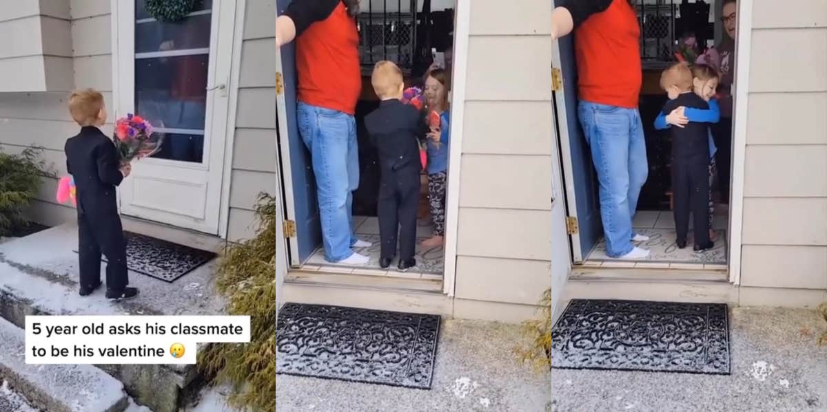 Young boy giving girl gifts on Valentine's Day