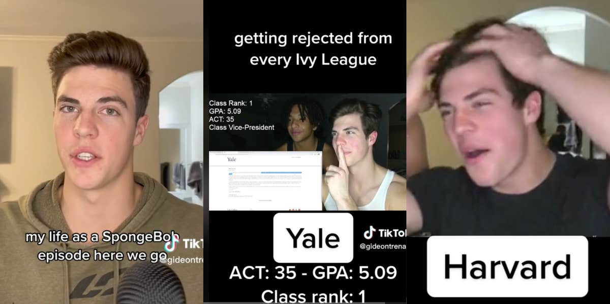 Screenshots of TikToker describing how he was rejected by every Ivy League for his SpongeBob essay