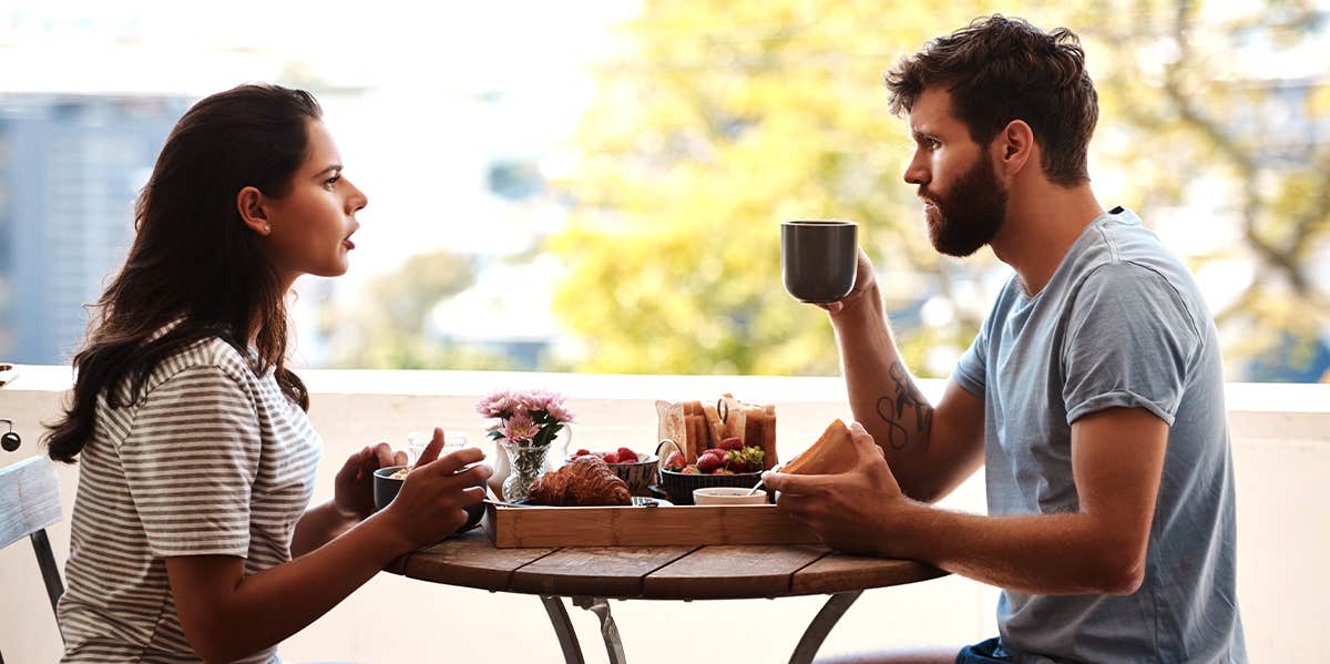 Myths people believe when they get married that cause major problems couple talking at breakfast