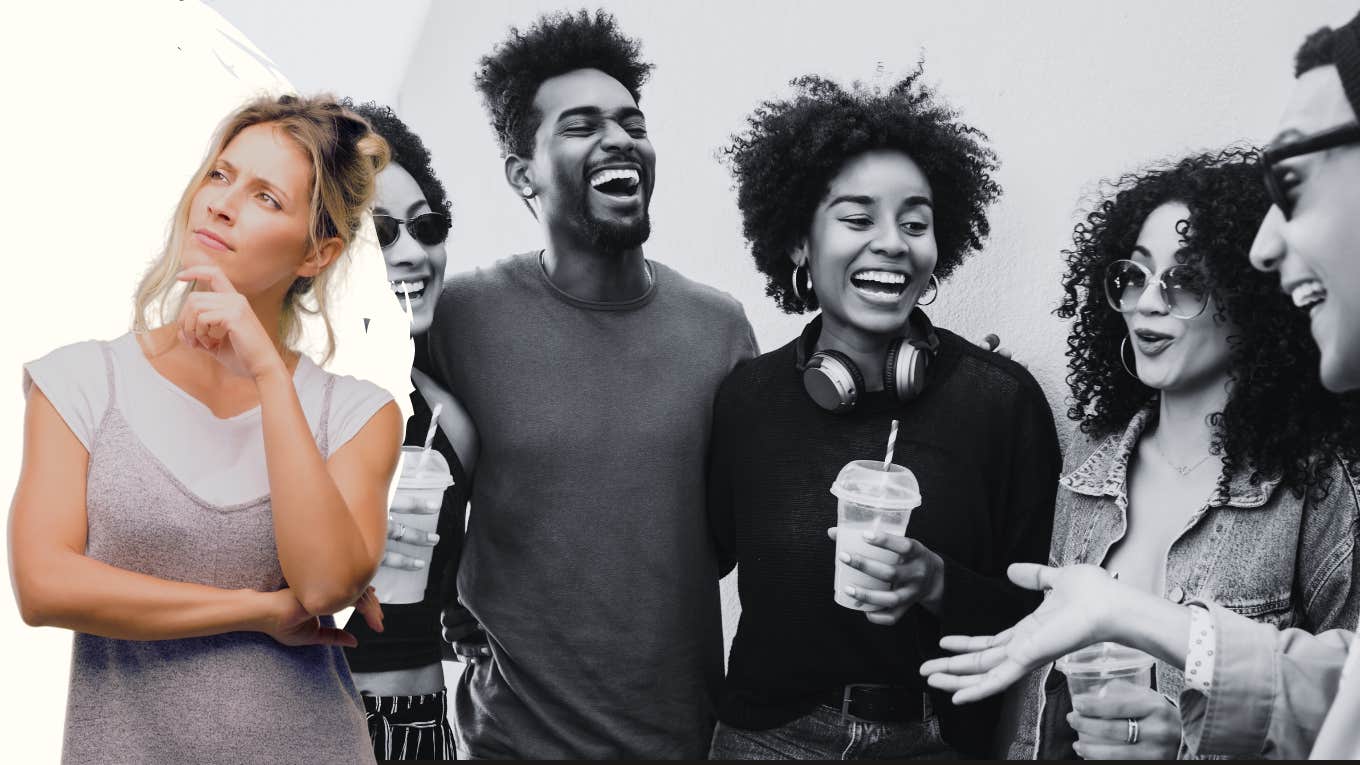 6 Tiny Signs You're In Love With A People-Pleaser Group of friends and woman thinking