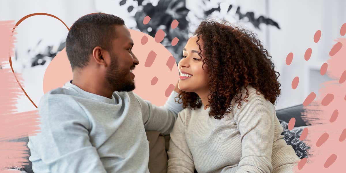 Happy couple sitting on the couch