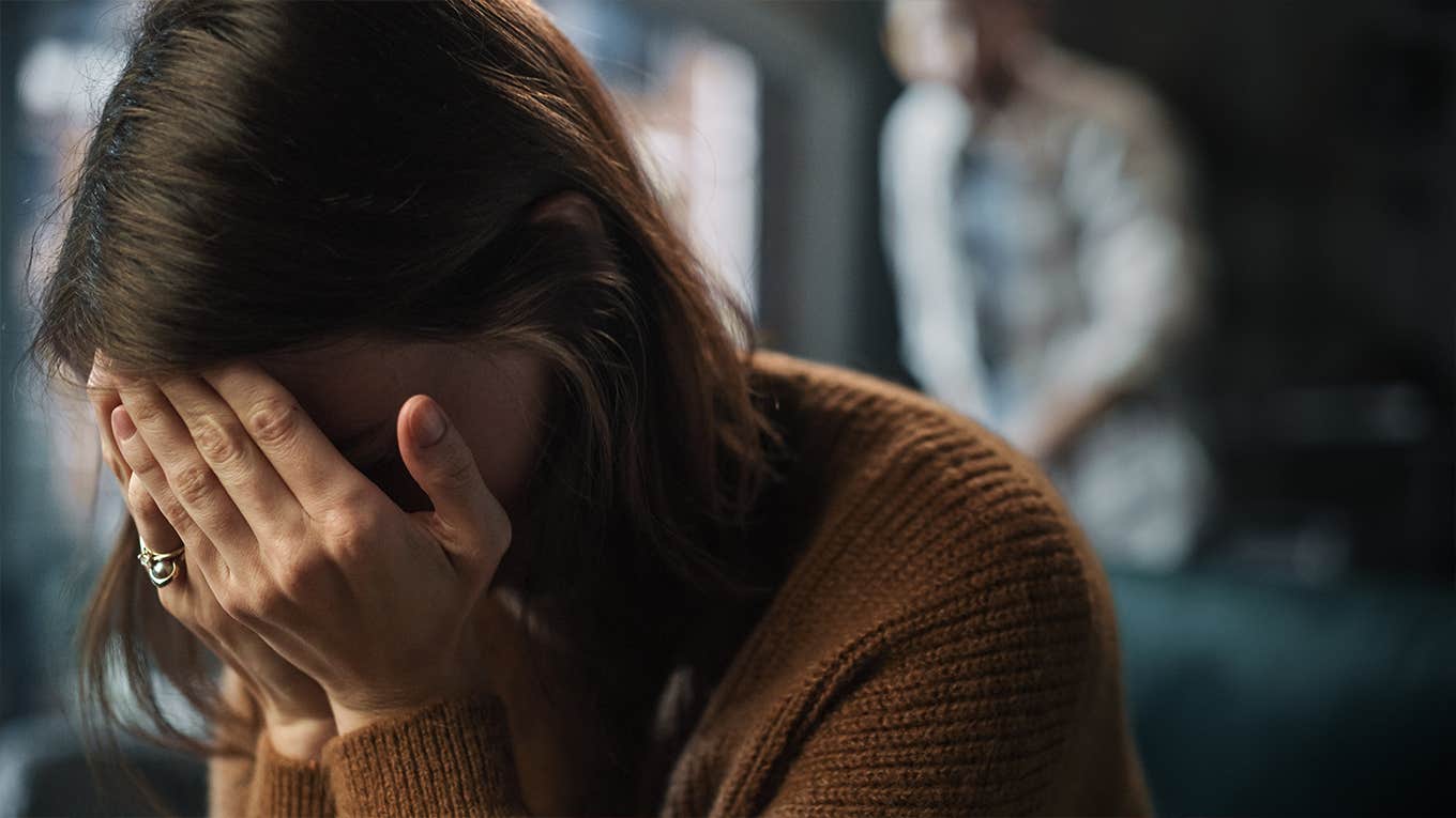 Portrait of Crying Woman Covering Her Face with Hands, being Harrased and Bullied by Violent Partner