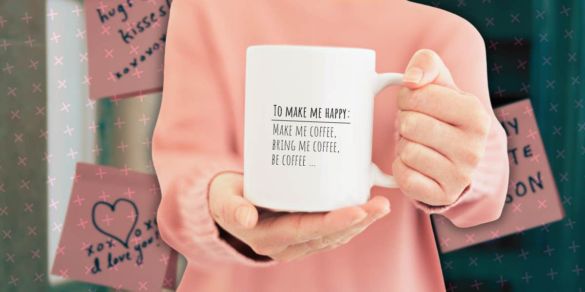 How happy couples flip the script on the golden rule woman presents mug of coffee standing in front of mirror with love notes stuck to it
