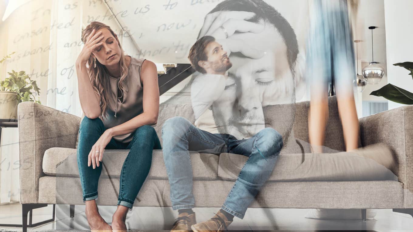 My Husband's Tragic Accident Tested My Marriage Vows Man playing with child, husband and wife both exhausted and tested