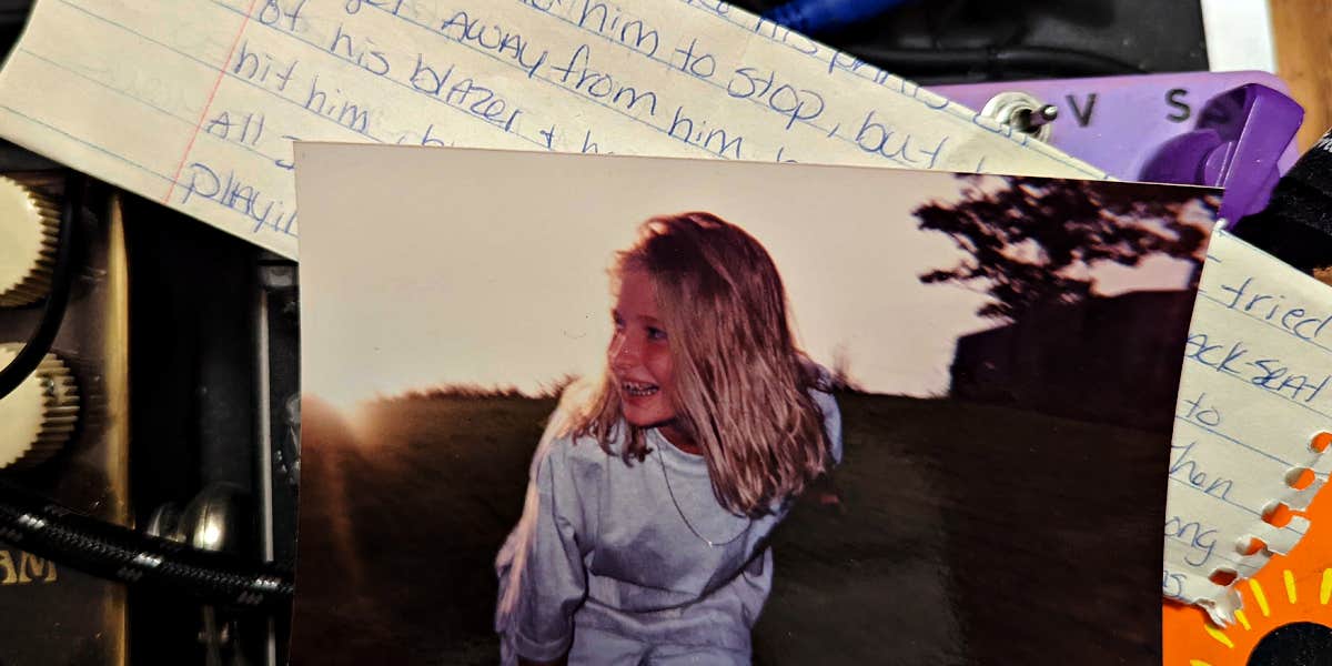 Everyday sexual harassment of teen girls 1990s old photo of Joanna Schroeder c. 1994 lying over a note written by a teen girl about her assault