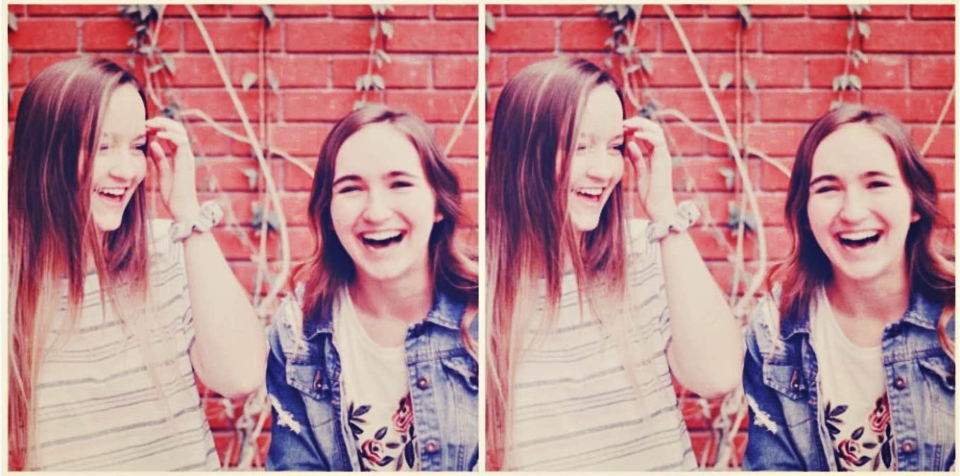Doubled image of two young women smiling together