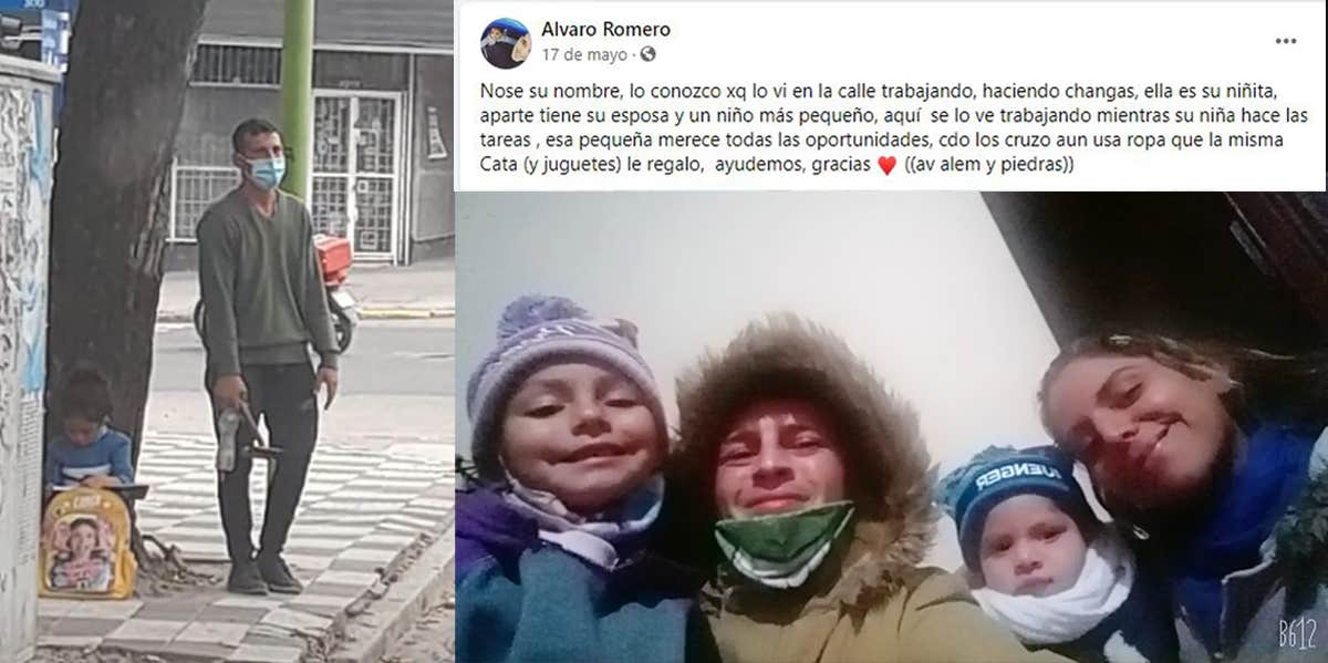 A photograph of Mauro and his daughter on the street, then a photo of his family all smiling for a photo together. A Facebook post explaining his situation is visible in the top right of the image.