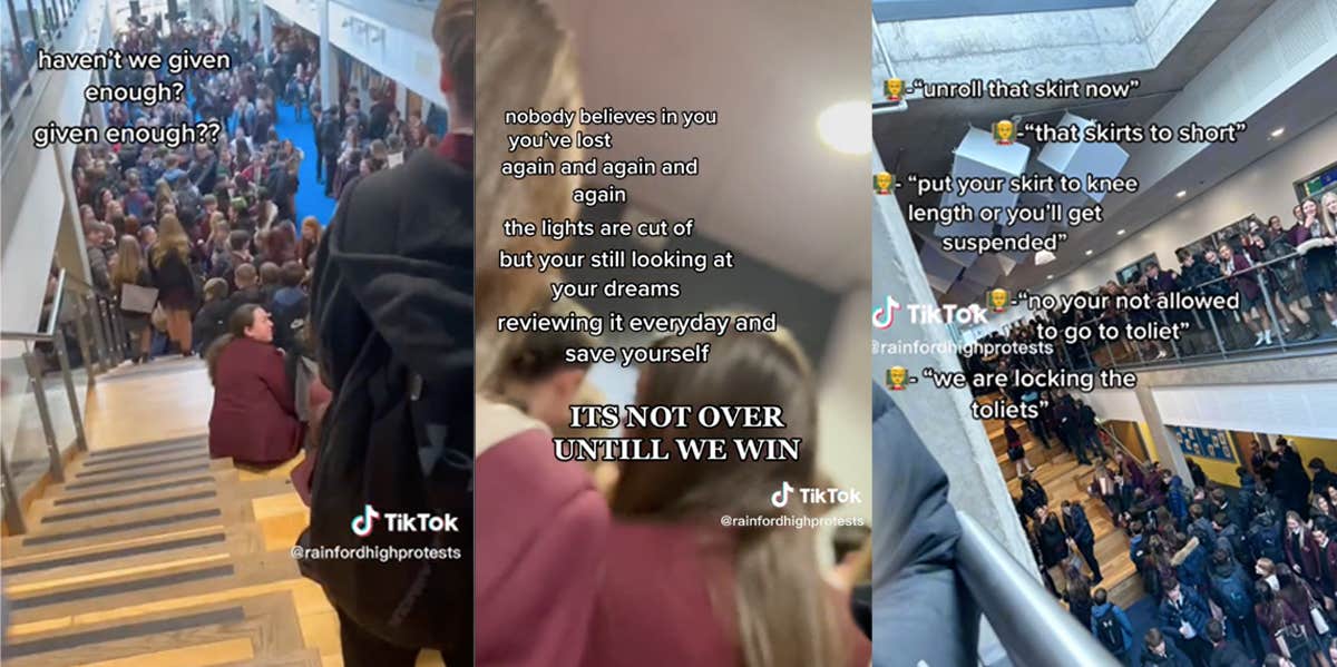 Three screenshots of the protests at Rainford High, showing students flooding the hallways.