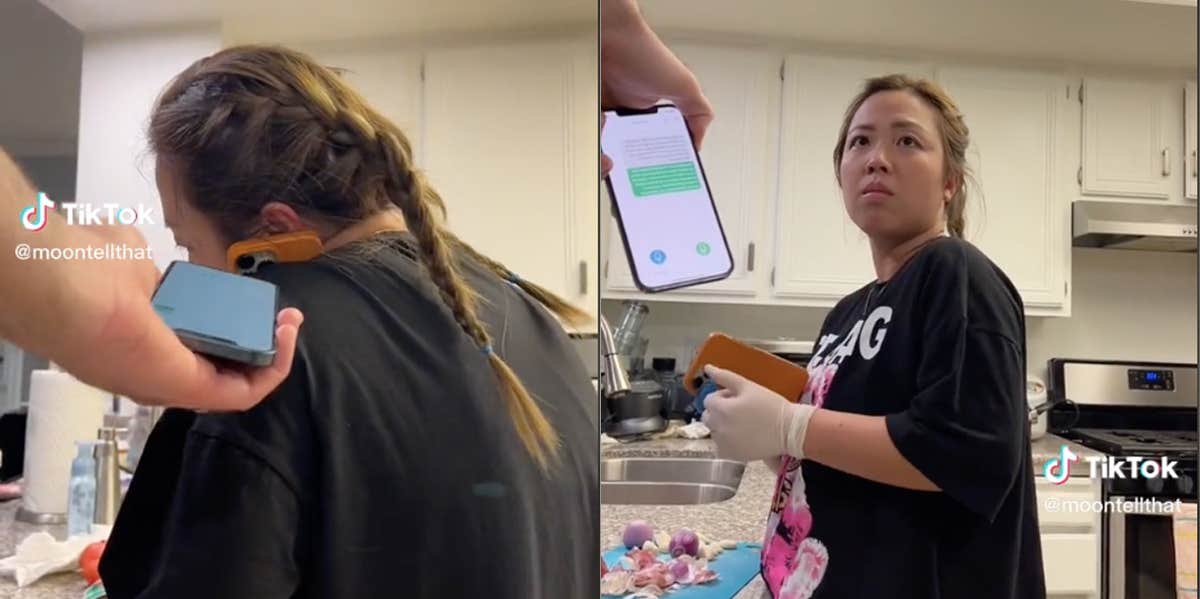 Translator App Reveals Wife's Gossiping Two screenshots of the wife from the Tik Tok. She is facing away from the camera in the first one as a phone is lifted up to her by her husband. In the second one, she turns around with a shocked expression.