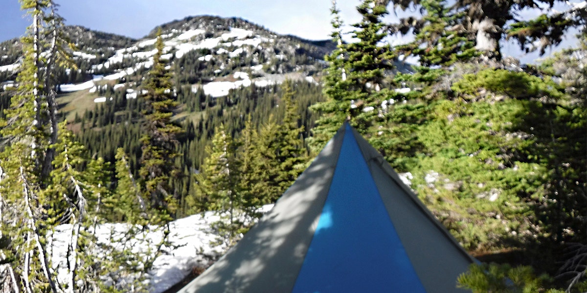 pitched tent in a snowy pine forest