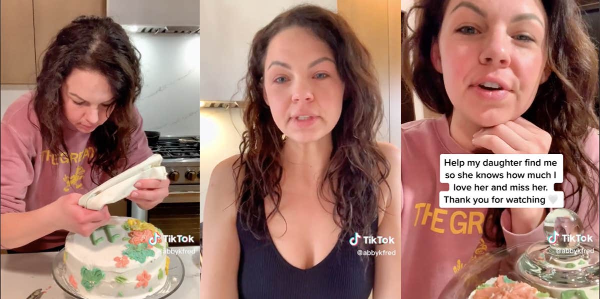 Three screenshots from abbyfred's Tik Tok, showing her speaking to the camera, and decorating her cake.