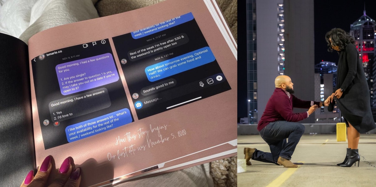 Man Proposes Using Adorable Photo Book Of Memories Photo book with first messages and Joseph proposing to Brianna