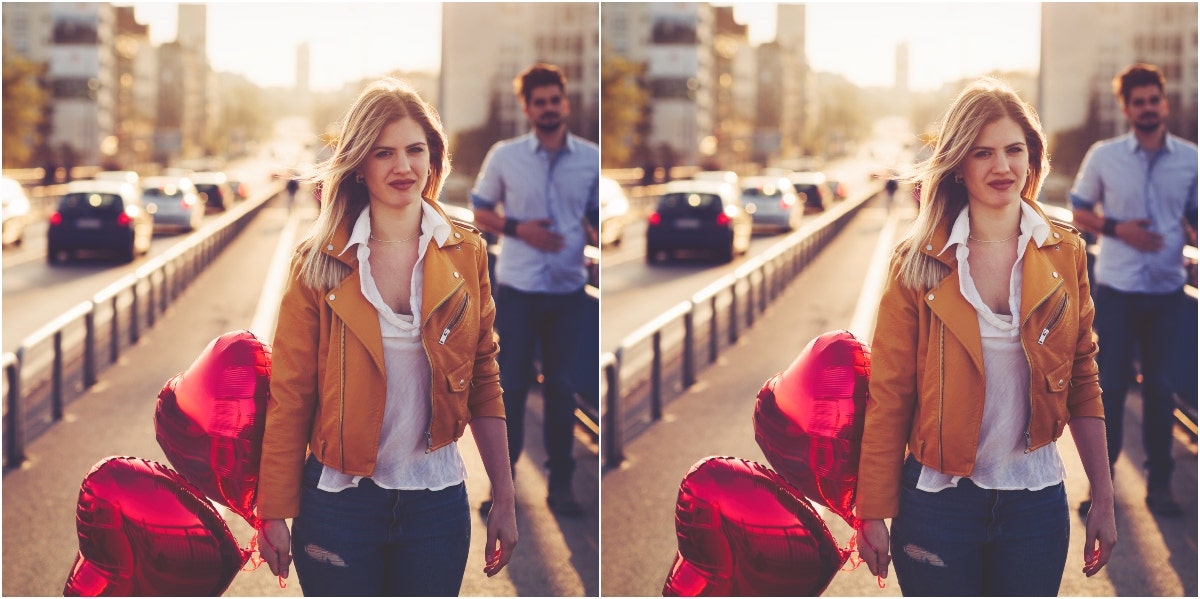 woman holding heart balloons walking away from man