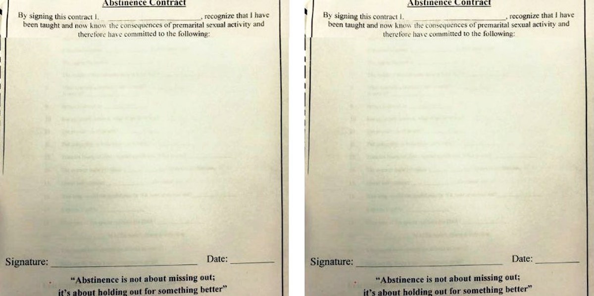 Utah Public High School Sent Abstinence-Only Contracts To Students photo of abstinence-only contracts provided by author