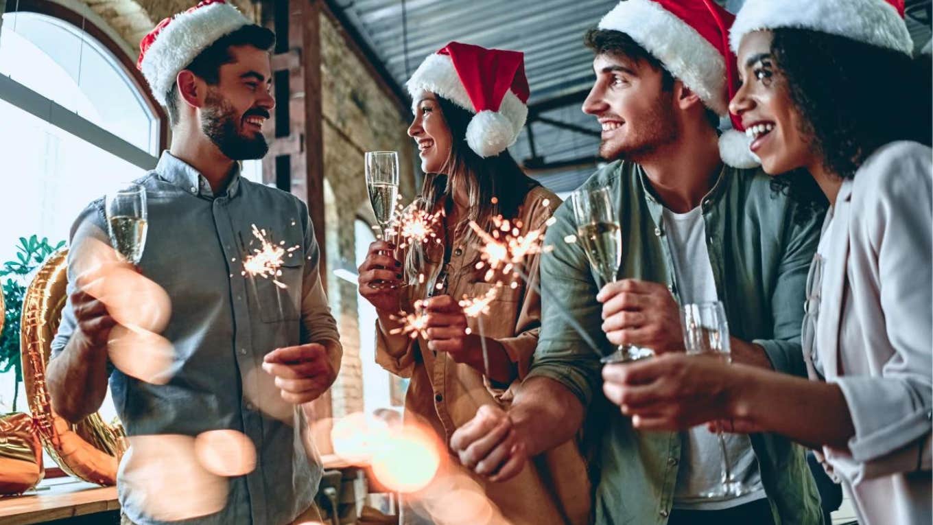 co-workers drinking at office holiday party