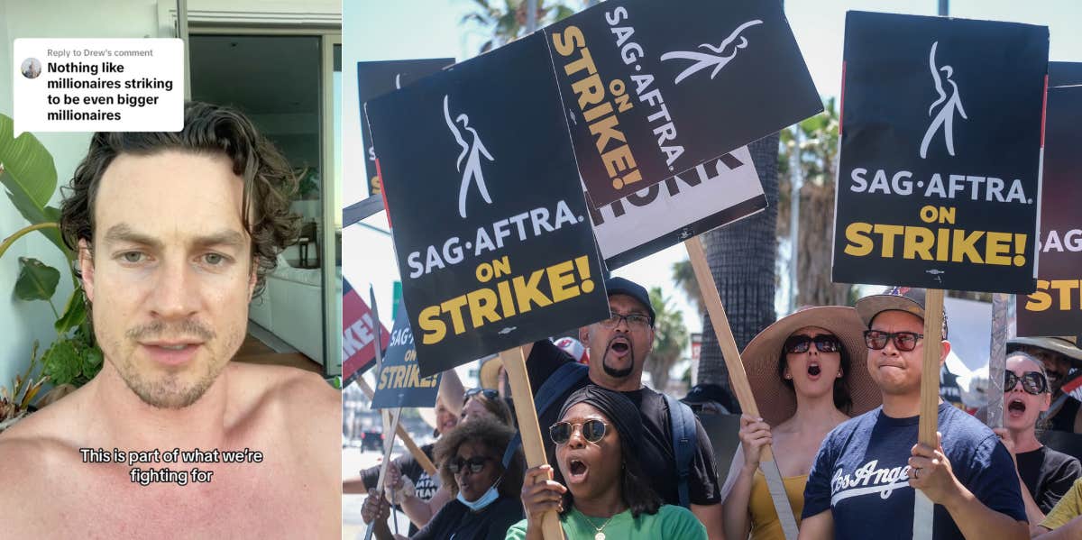 Left side: actor Luke Cook explains on TikTok why so many actors are going on strike. Right side: a group of people holding up SAG-AFTRA picket signs. 