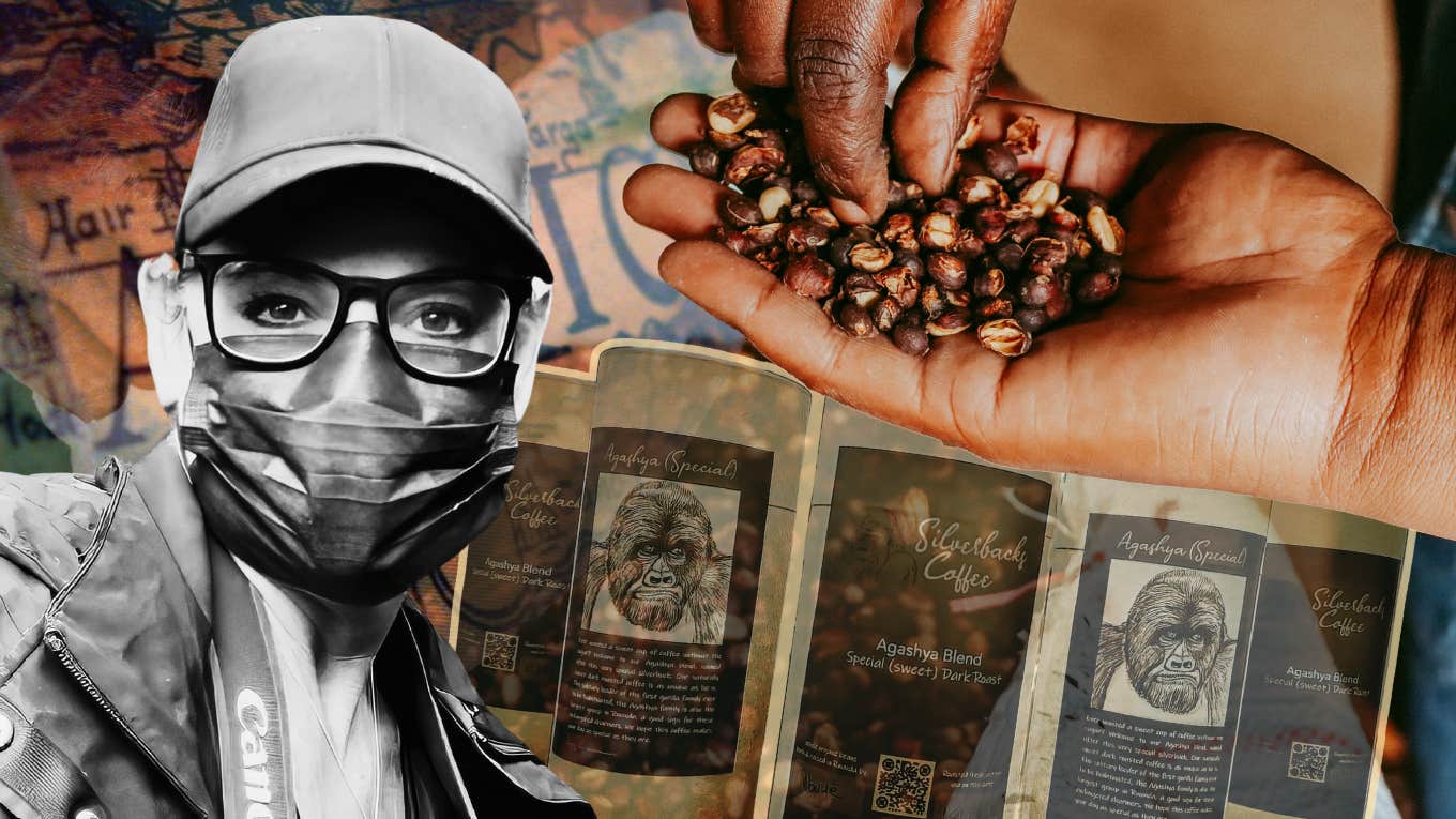 Author with a face mask on with coffee beans 