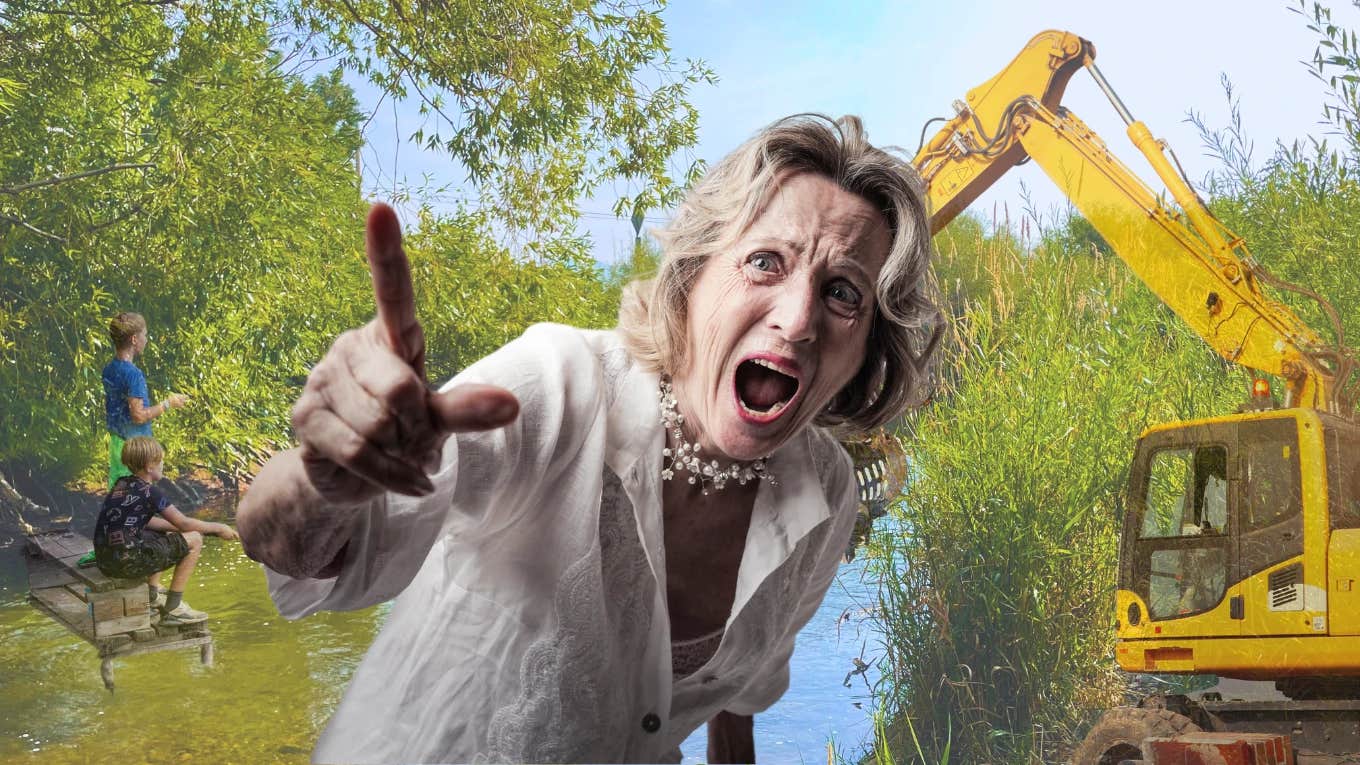 Angry woman shouting over kids fishing and bulldozer near the water