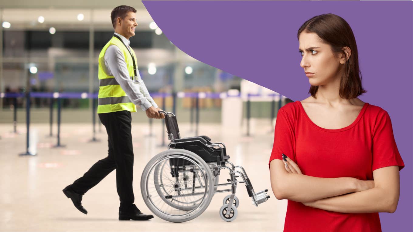 annoyed woman looking at airport staff pushing wheelchair