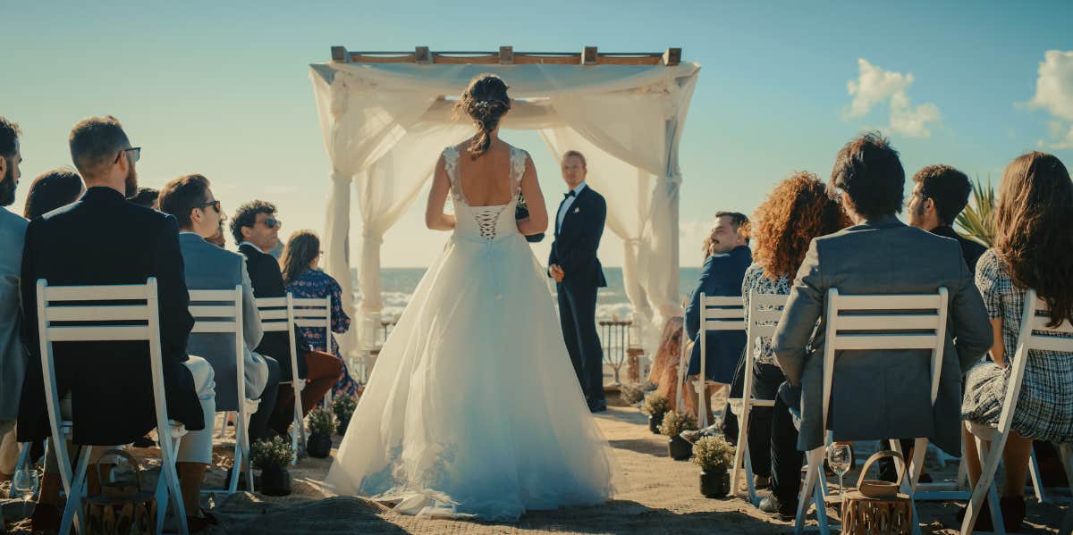 A bride walking down the aisle at her wedding